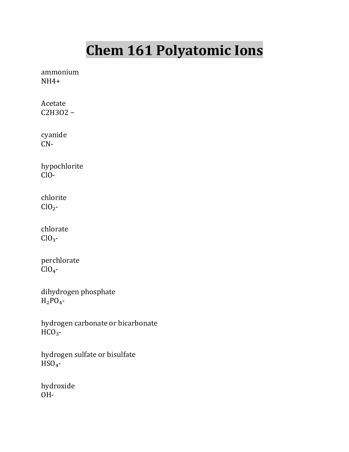 Preview image for Chem 161 Polyatomic Ions